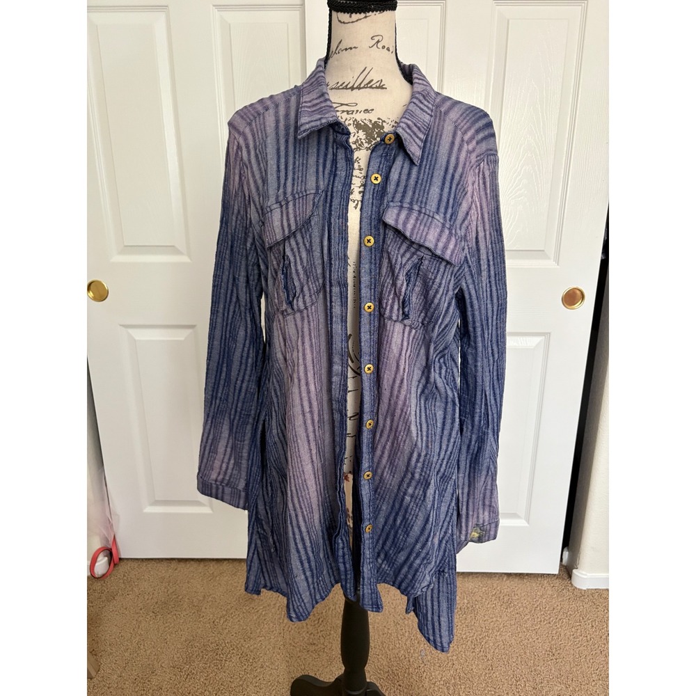 Aratta Silent Journey Blue Striped Floral Paisley Mixed Media Tunic Dress Large
